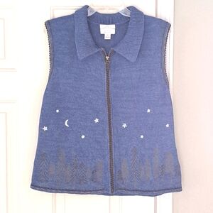 Christopher & Banks Vintage Hand Emb Grandma Sweater Vest Winter Zip Blue. Sz L.